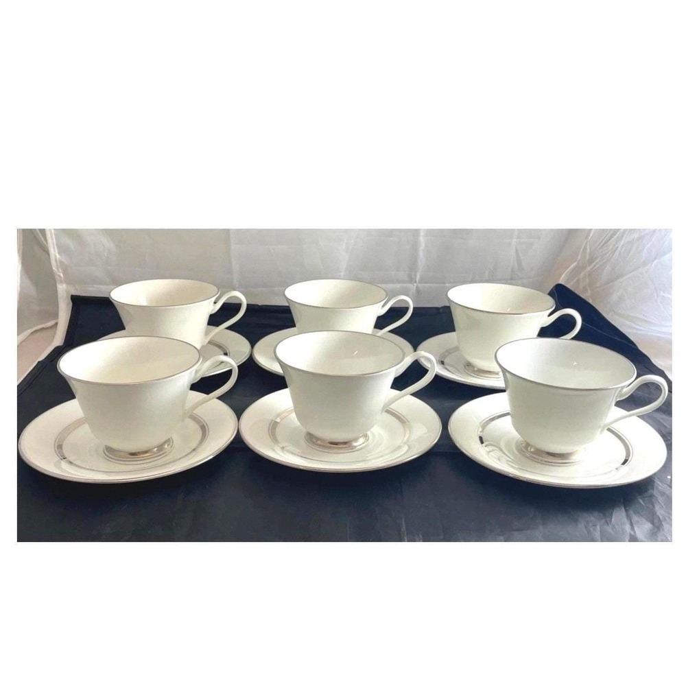 6 Vtg Lenox Oxford Lexington Bone China White Platinum Trim Cups & Saucers Set